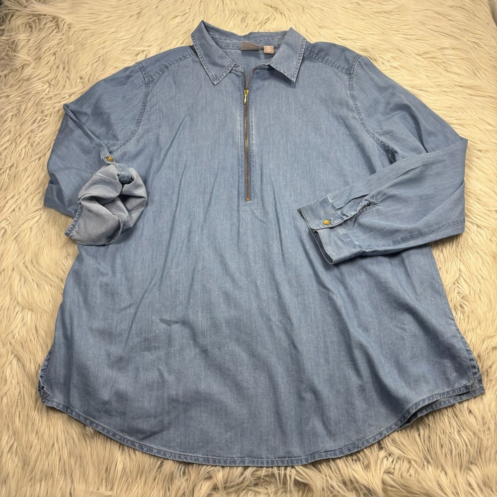 Chico's Women's (3) XL 16 Chambray 1/2 Zip Pop Over‎ Blouse Top